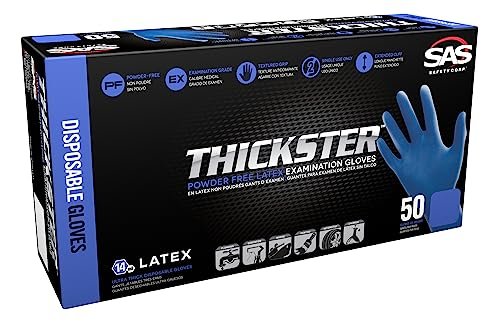 Thickster Powder-Free Exam Grade Latex Disposable Gloves. Blue, 14 mil Thickness, 12" Length. Single Use. Pack of 50.