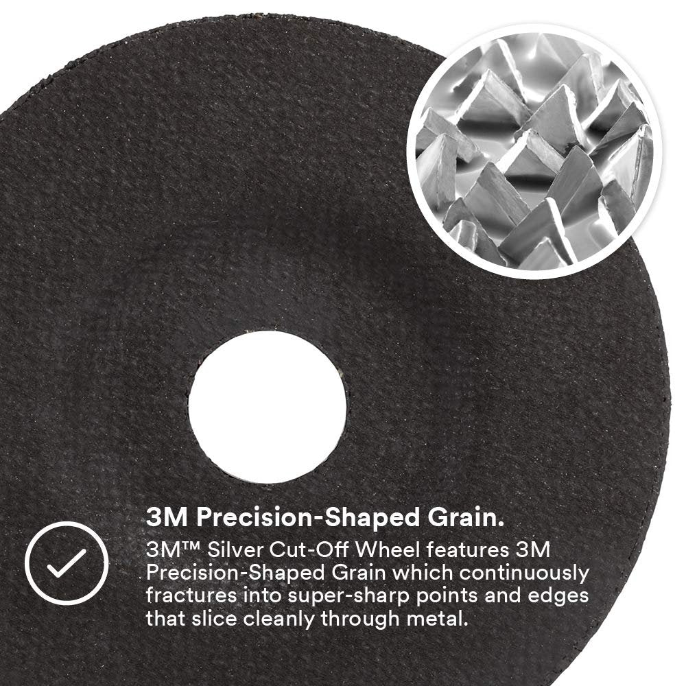 3M Silver Cut-Off Wheel, Single Pack, Precision SHAPED Ceramic Grain, Coating, Cut,, Cutting Angle, Flute