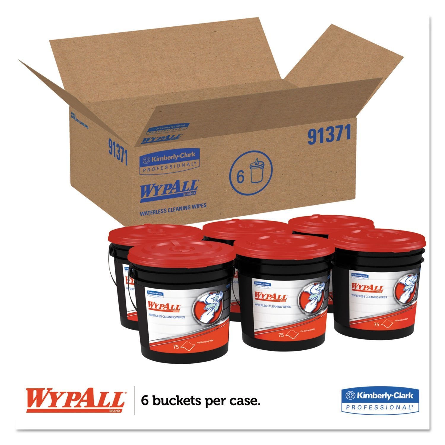 Waterless Hand Wipes, Cloth, 9 x 12, 75/Bucket, 6 Buckets/Carton