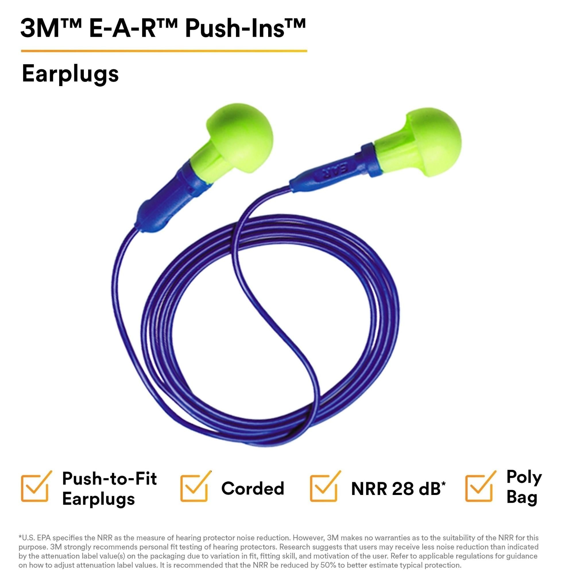 3M™ E-A-R™ Push-Ins™ Earplugs 318-1001, Corded, Poly Bag