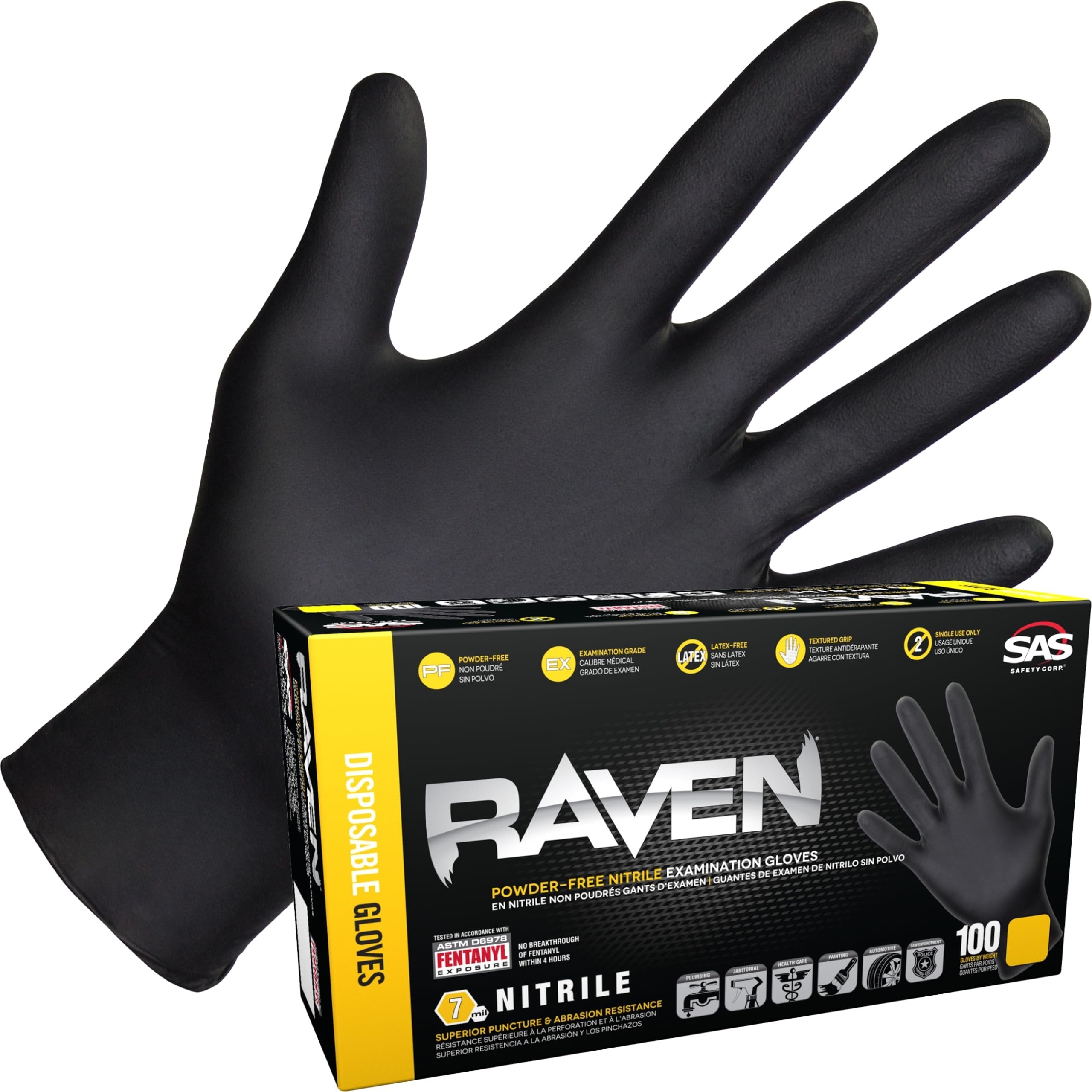 10 Pack SAS Safety 66517 Raven 6 mil Black Nitrile Disposable Gloves 7 Mil - Medium (10 boxes of 100 each)