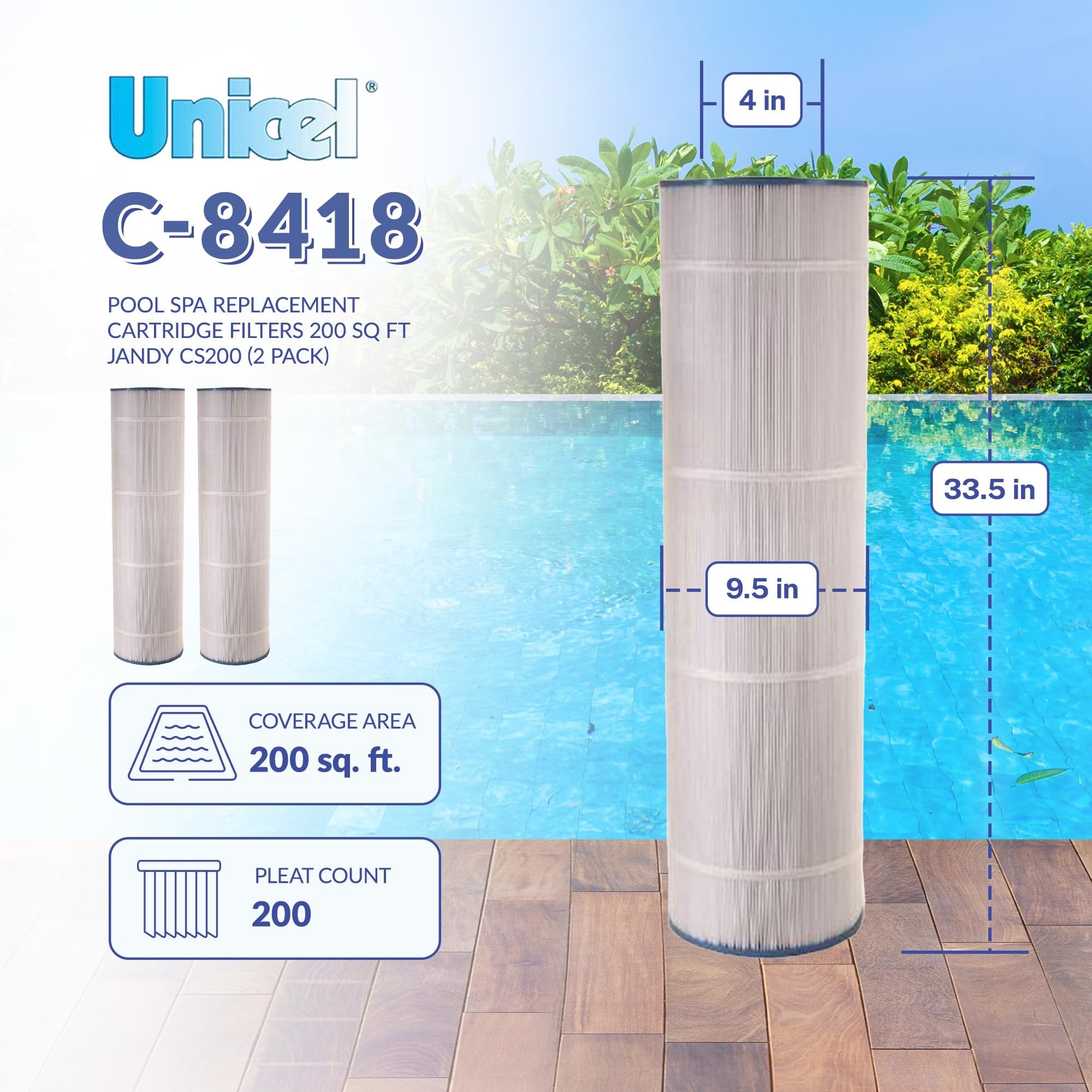 Unicel C-8418 200 Square Foot Media Replacement Pool Filter Cartridge with 200 Pleats, Compatible with Jandy (2 Pack)