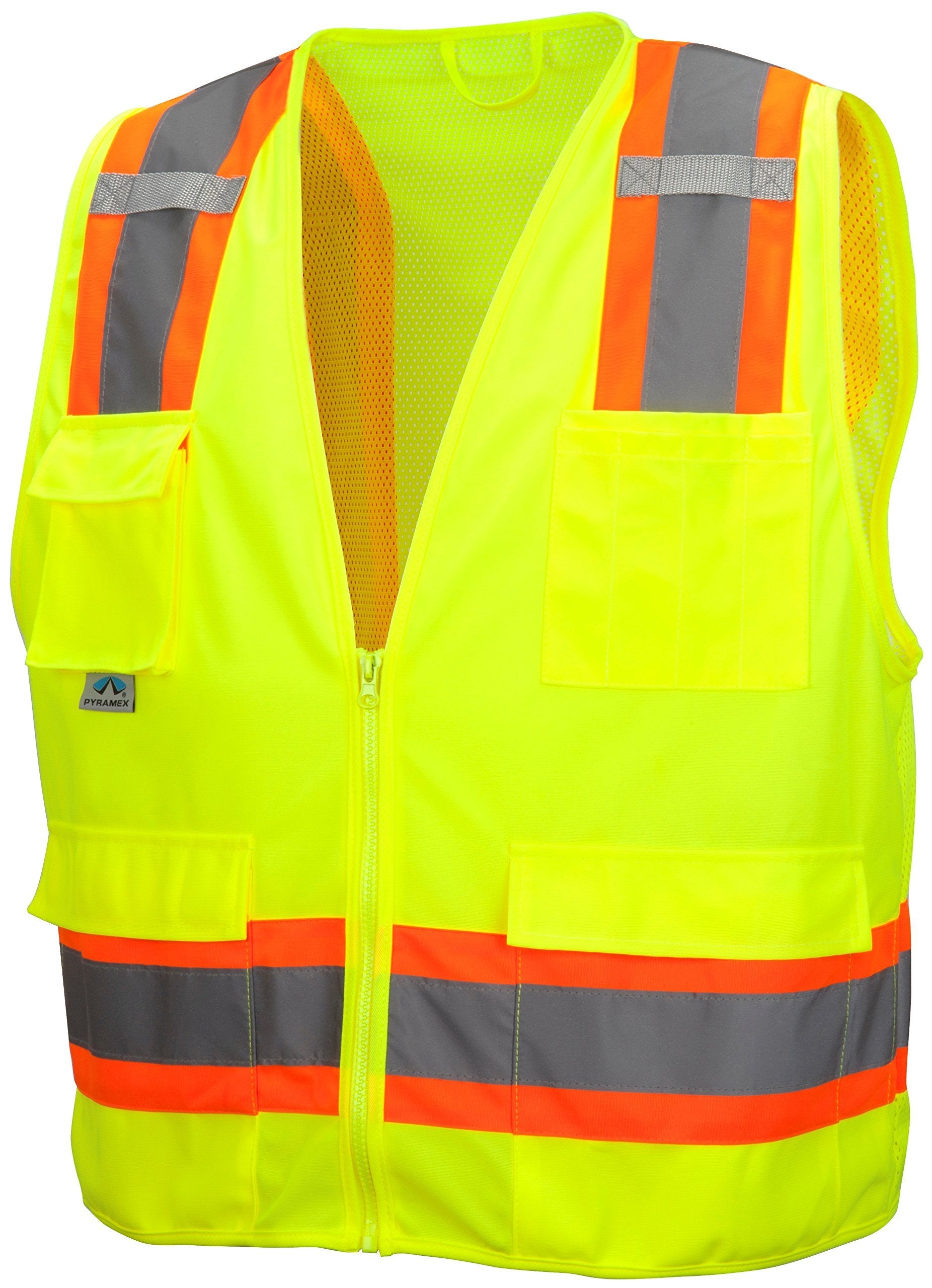 Pyramex Class 2 Surveyor's Safety Vest with 6 Pockets, Hi-Vis Lime, 2XL