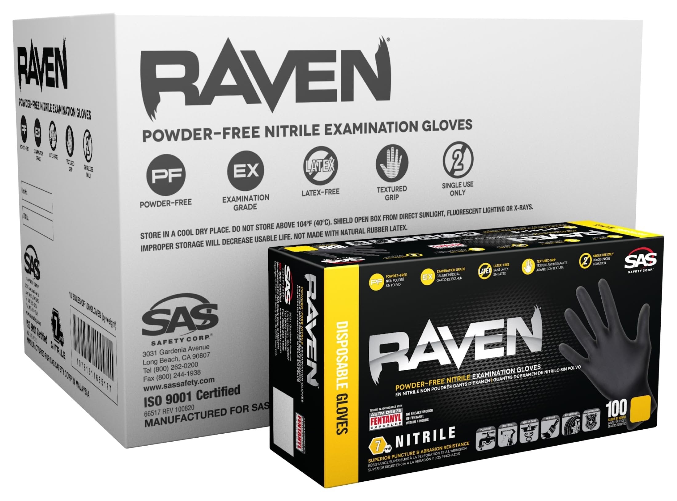 10 Pack SAS Safety 66517 Raven 6 mil Black Nitrile Disposable Gloves 7 Mil - Medium (10 boxes of 100 each)