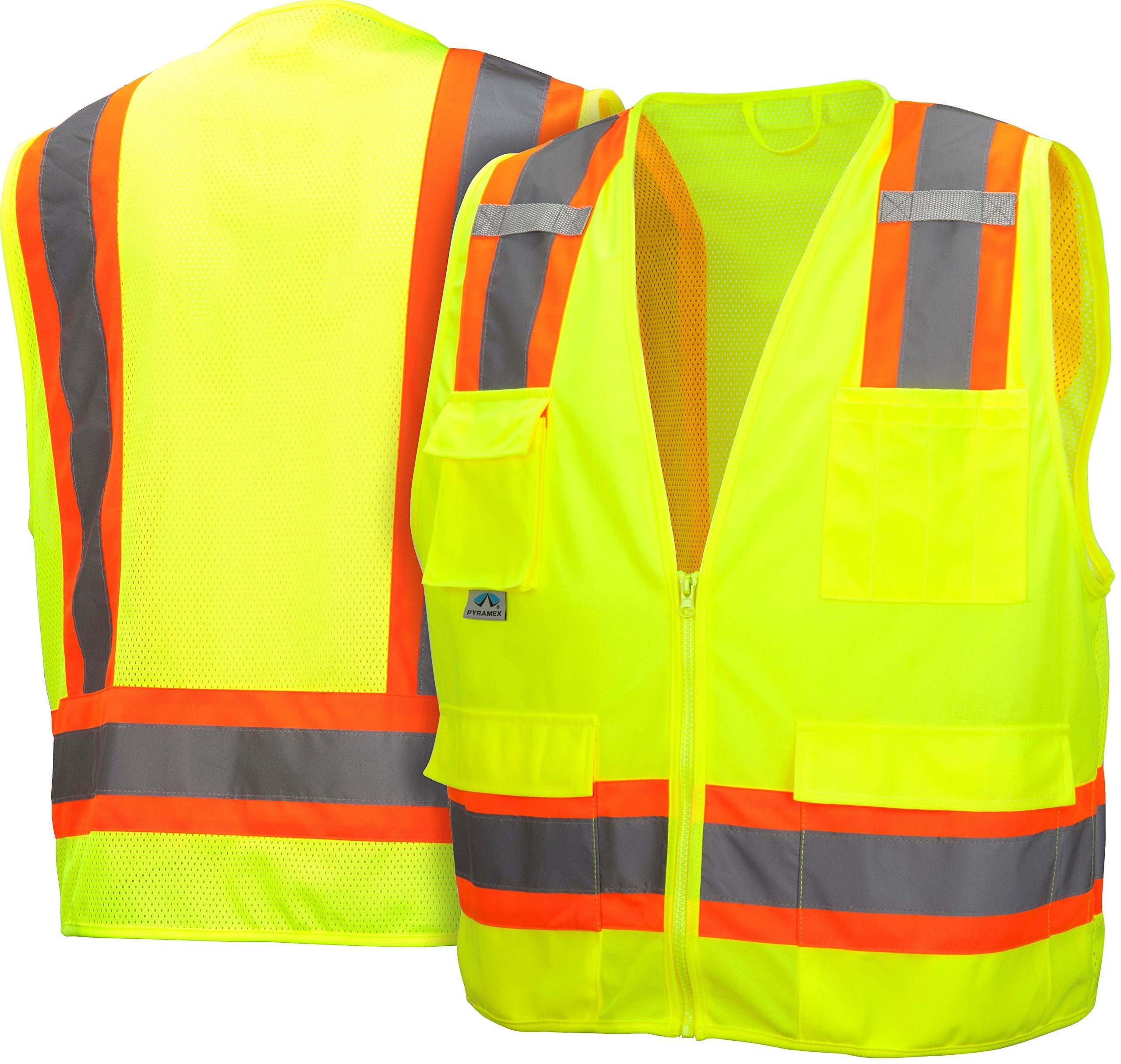 Pyramex Class 2 Surveyor's Safety Vest with 6 Pockets, Hi-Vis Lime, 2XL