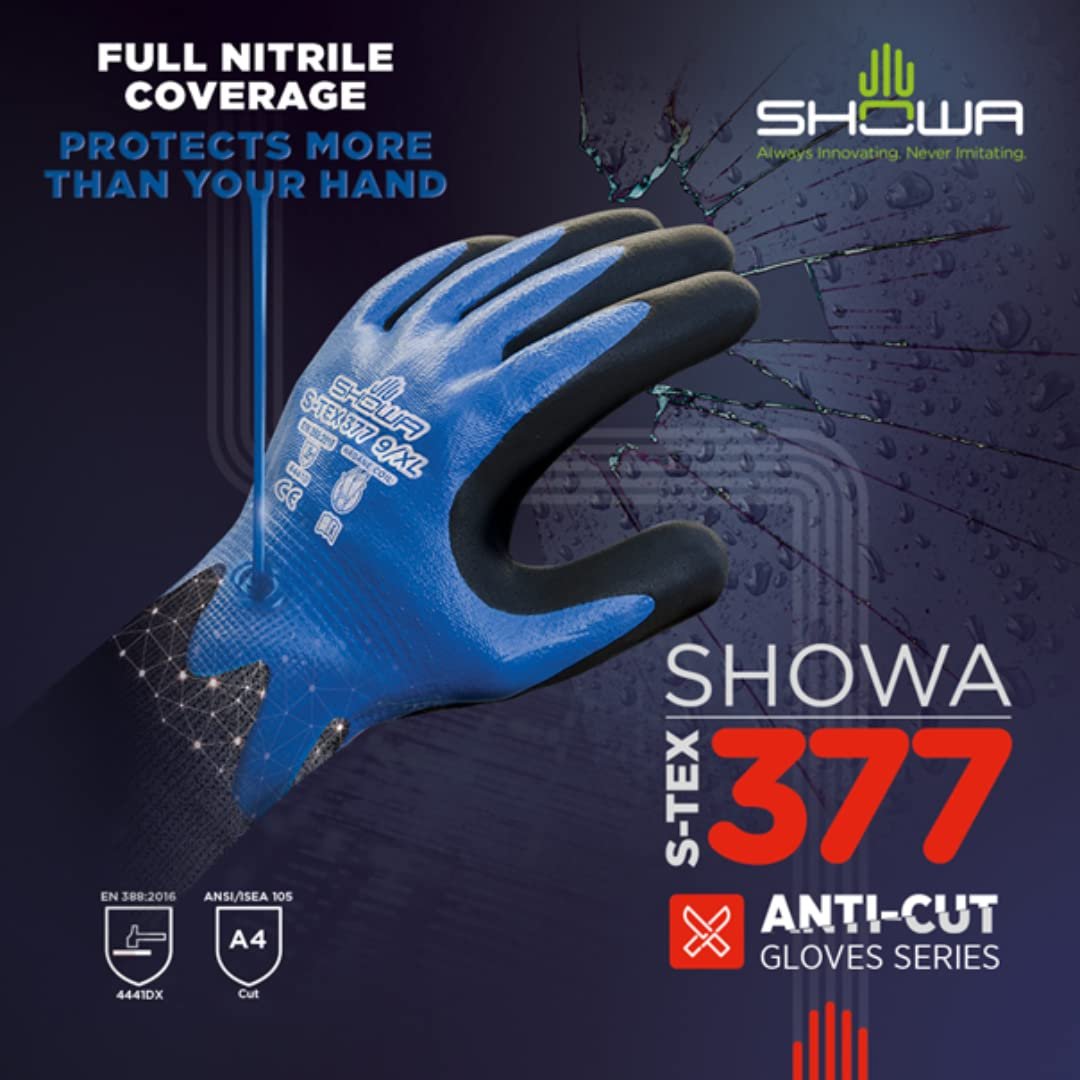 SHOWA 377 Nitrile Foam Coating on Nitrile Glove with Polyester/Nylon Knit Liner, Large (Pack of 12 Pairs)