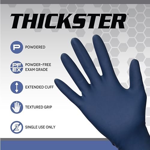Thickster Powder-Free Exam Grade Latex Disposable Gloves. Blue, 14 mil Thickness, 12" Length. Single Use. Pack of 50.