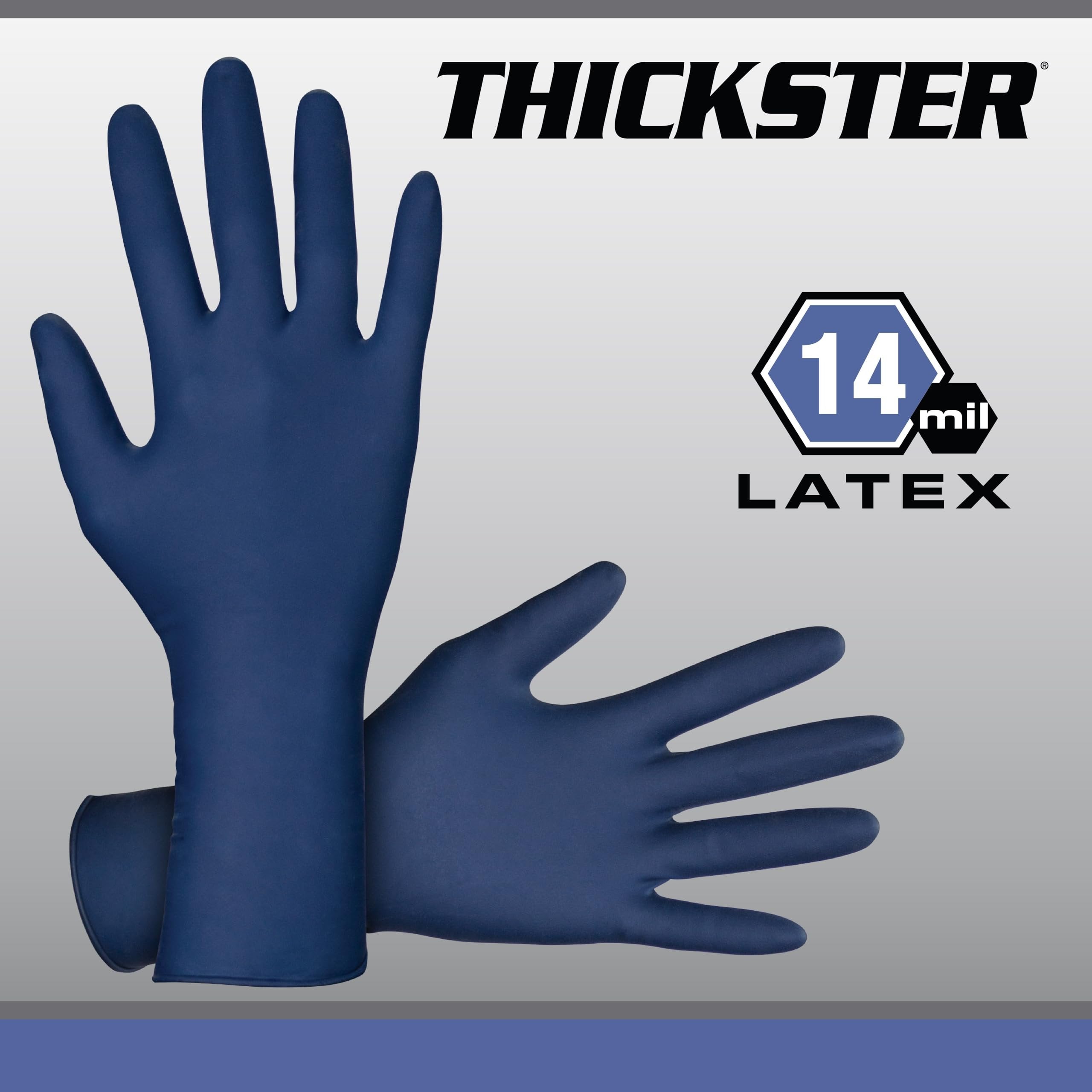 Thickster Powder-Free Exam Grade Latex Disposable Gloves. Blue, 14 mil Thickness, 12" Length. Single Use. Pack of 50.