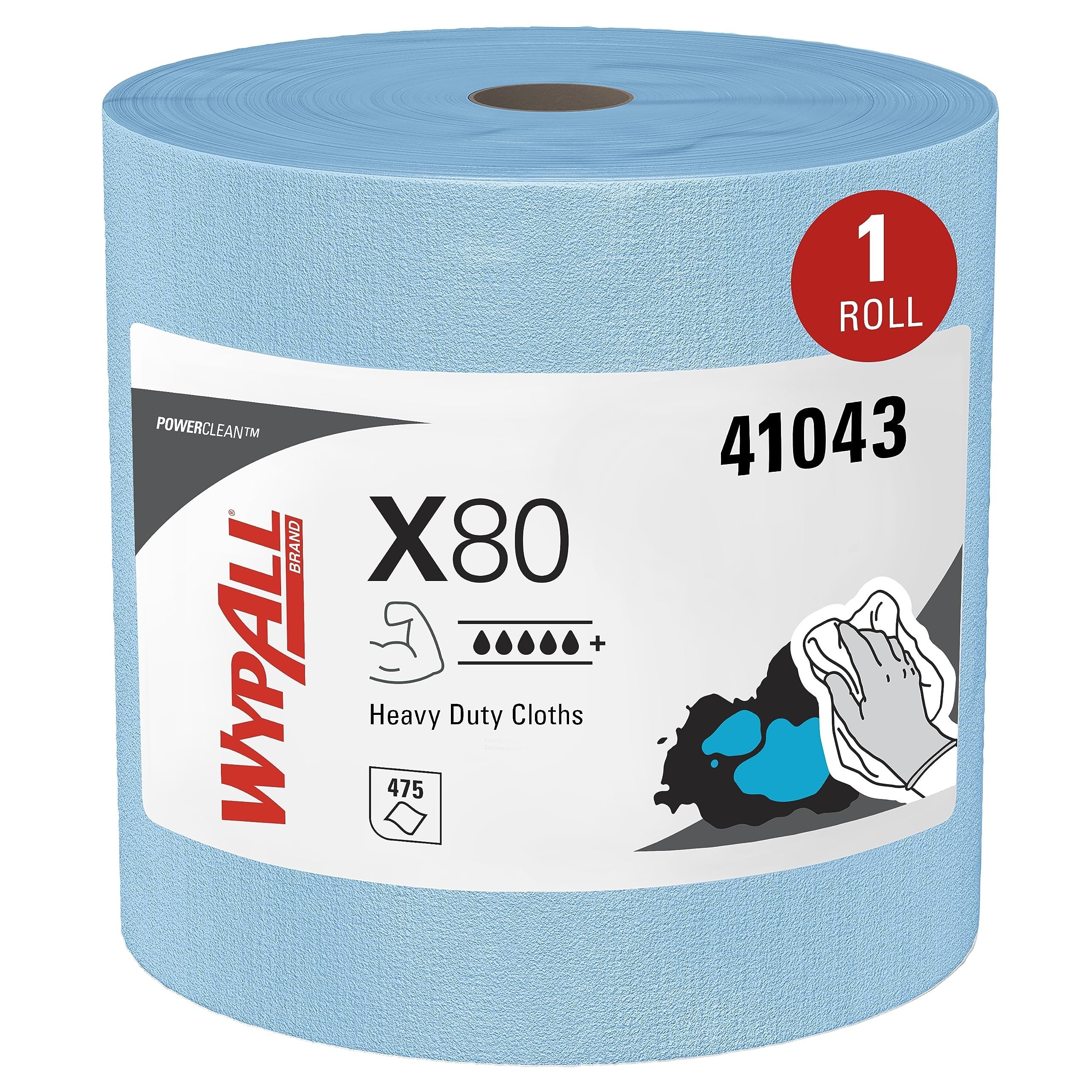 WypAll Power Clean X80 Heavy Duty Cloths, Extended Use Cloths Jumbo Roll, Blue, 475 Sheets/Roll; 1 Roll/Case,8347