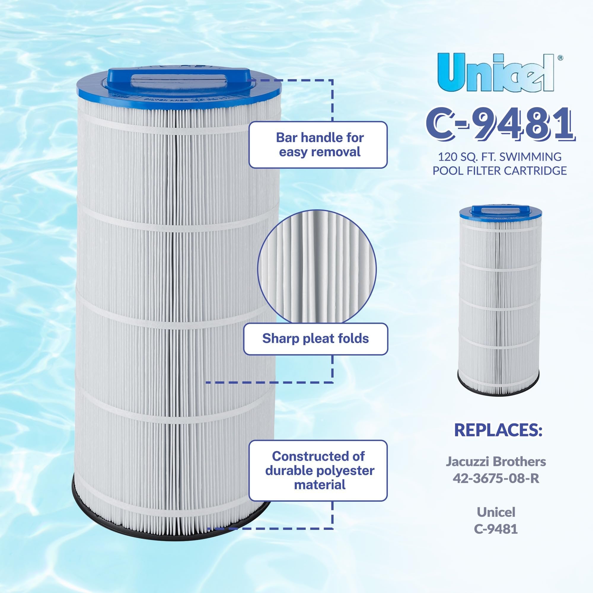 Unicel C-9481 120 Square Foot Media Replacement Pool Filter Cartridge with 218 Pleats, Compatible with Jacuzzi Brothers