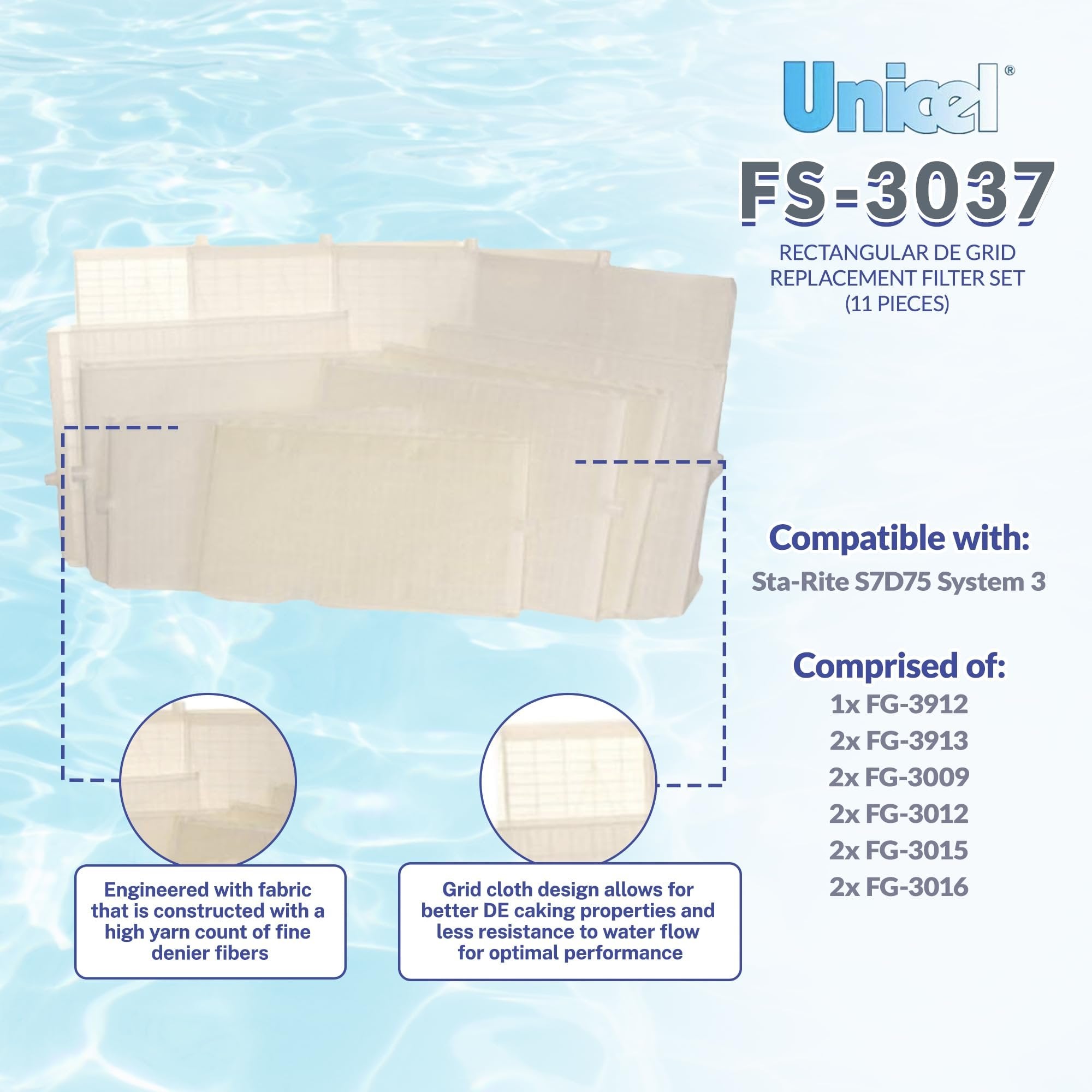 Unicel FS-3037 Rectangular DE Grid Replacement Swimming Pool Filters with Top Exit Port, Full Set Compatible with Sta-Rite