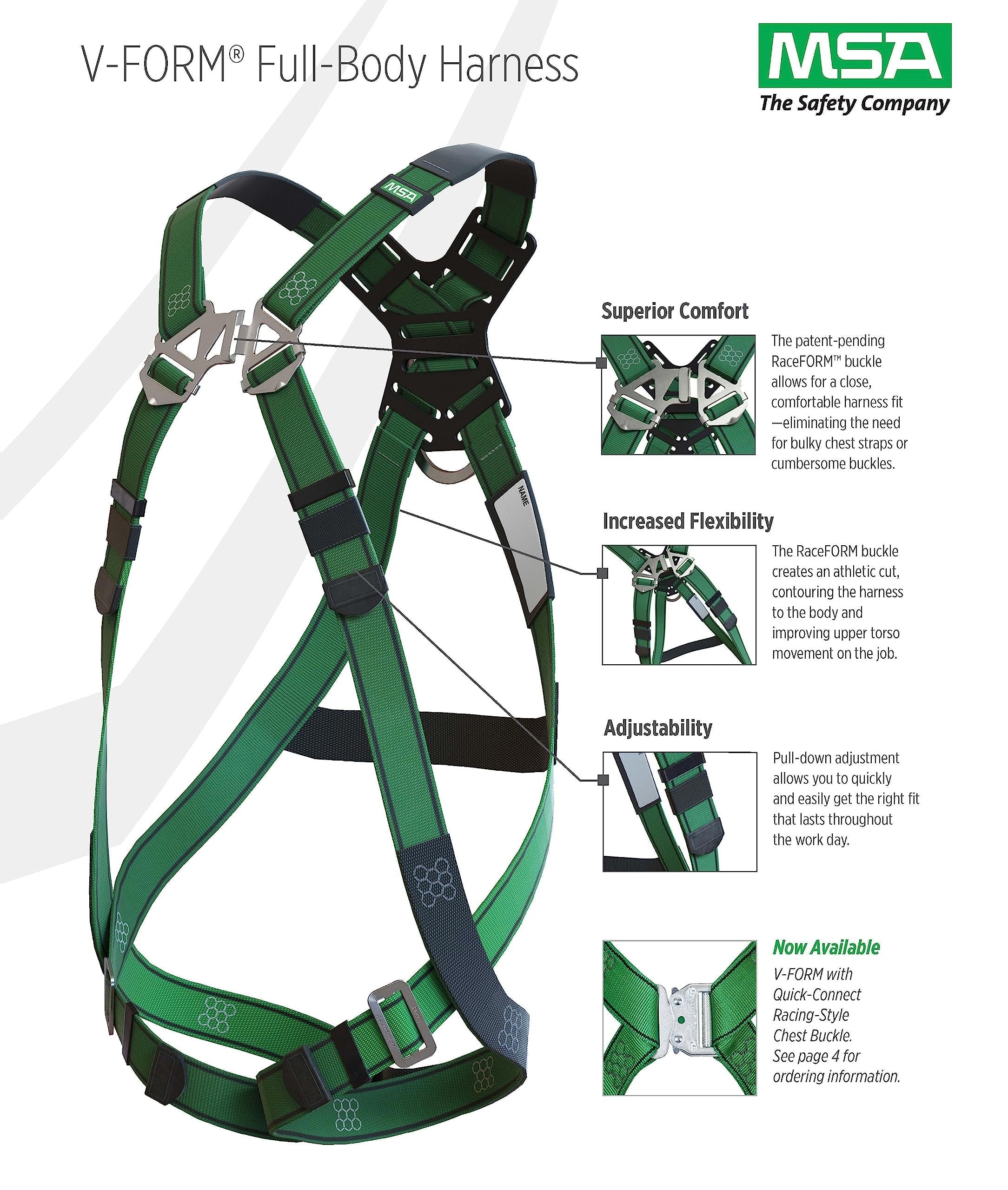 MSA V-Form Harness - Durable, Green, Full Body Harness with Aluminum D-Ring Configuration