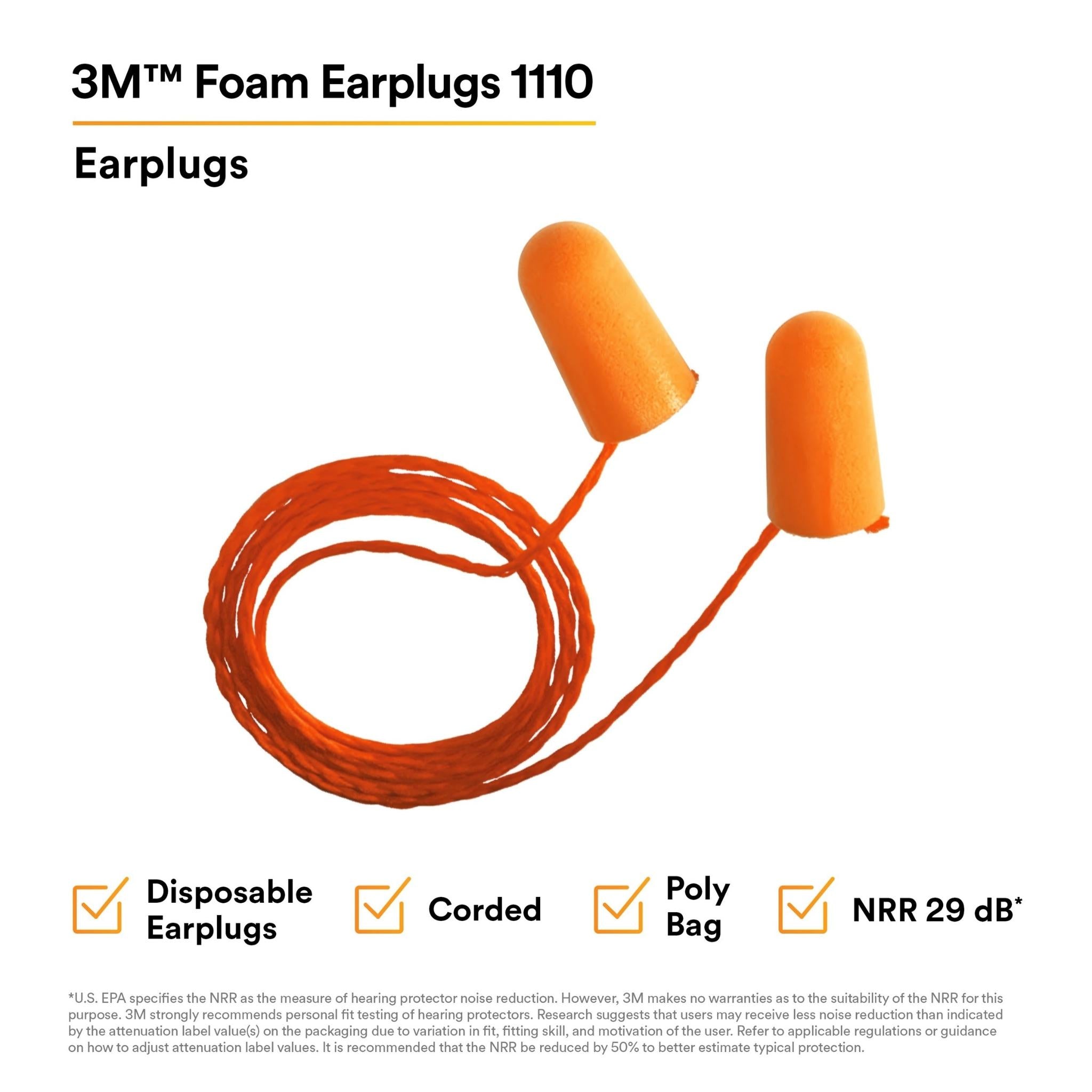 3M 1110 Series Foam Corded Earplugs, 100 Pairs