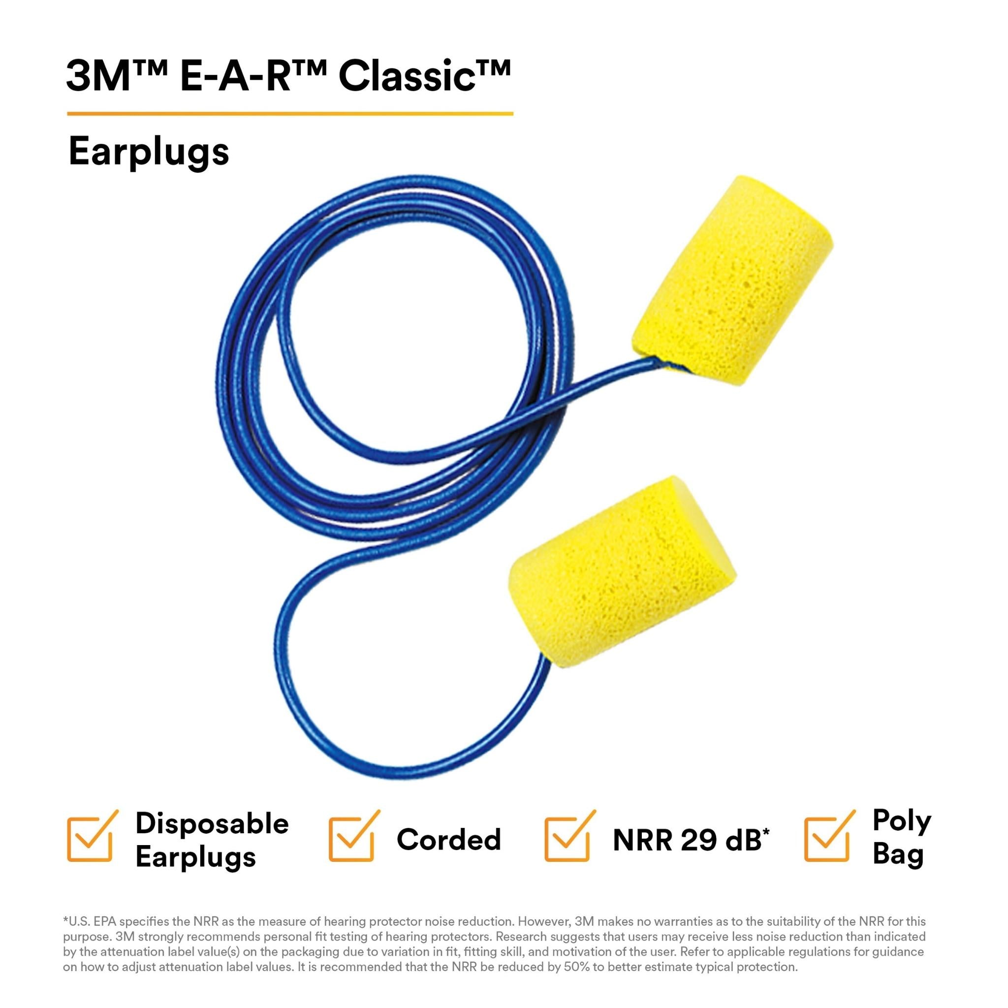 3M™ E-A-R™ Classic™ Earplugs 311-1101, Corded, Poly Bag