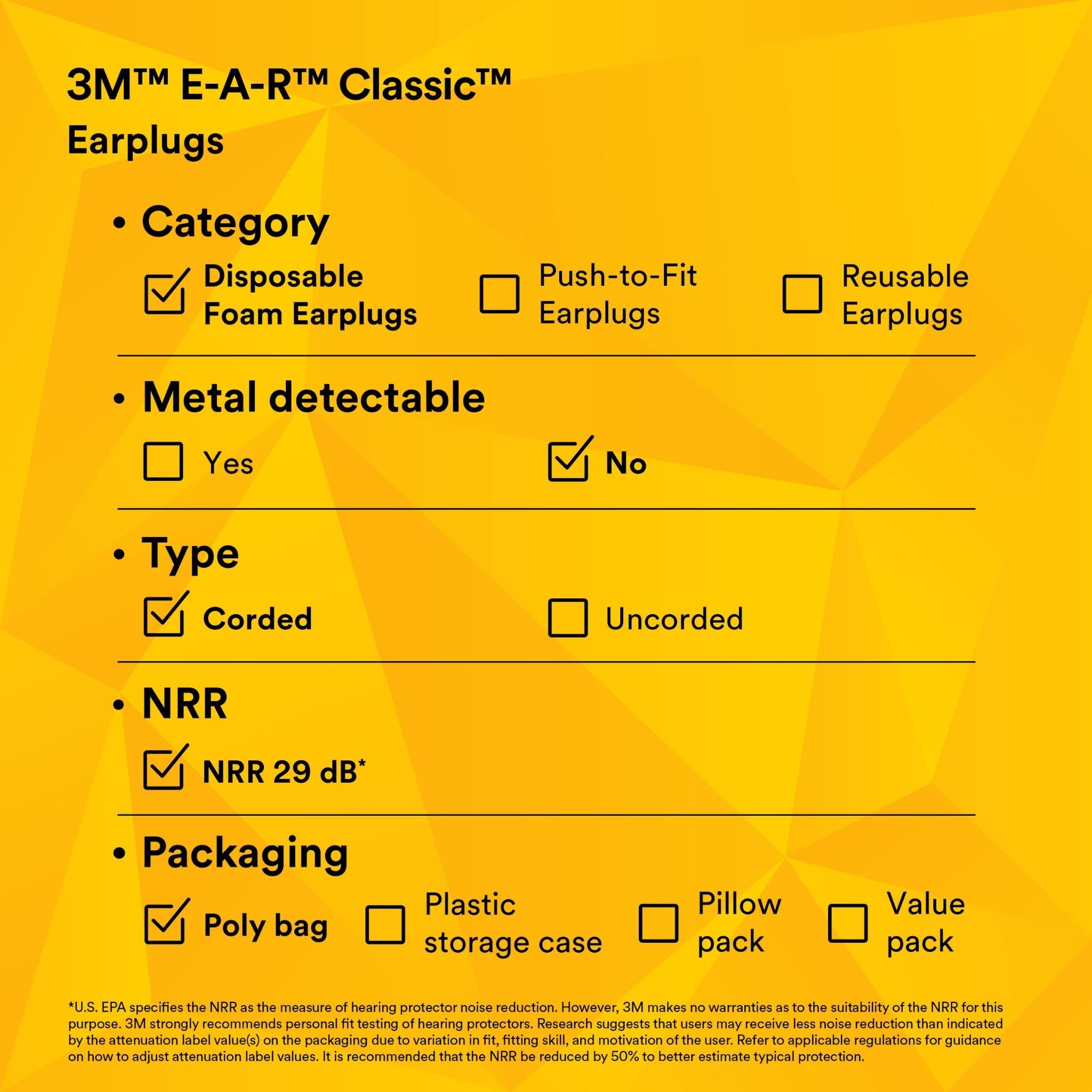 3M™ E-A-R™ Classic™ Earplugs 311-1101, Corded, Poly Bag