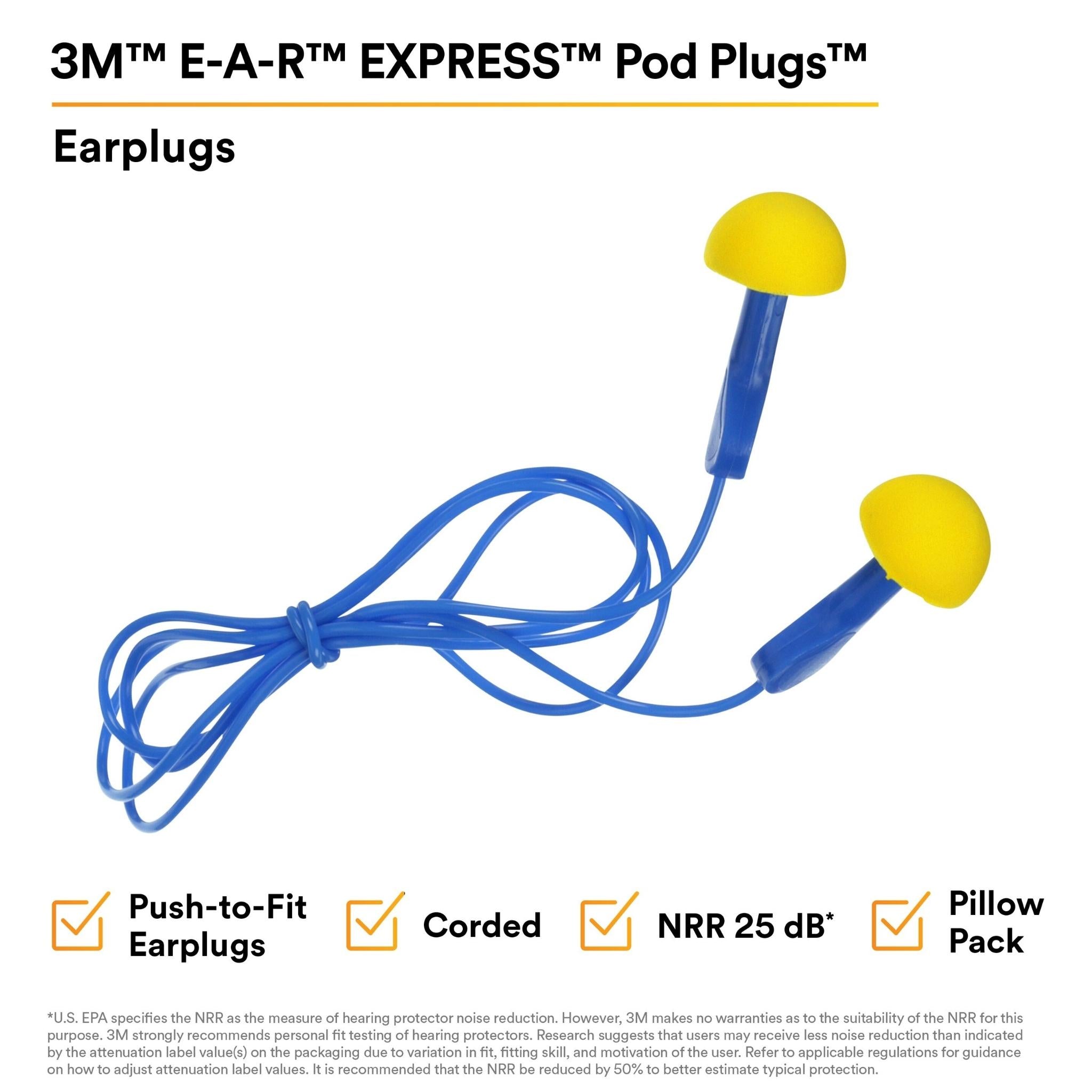 3M™ E-A-R™ EXPRESS™ Pod Plugs™ Earplugs 311-1114, Corded, Blue Grips, Pillow Pack