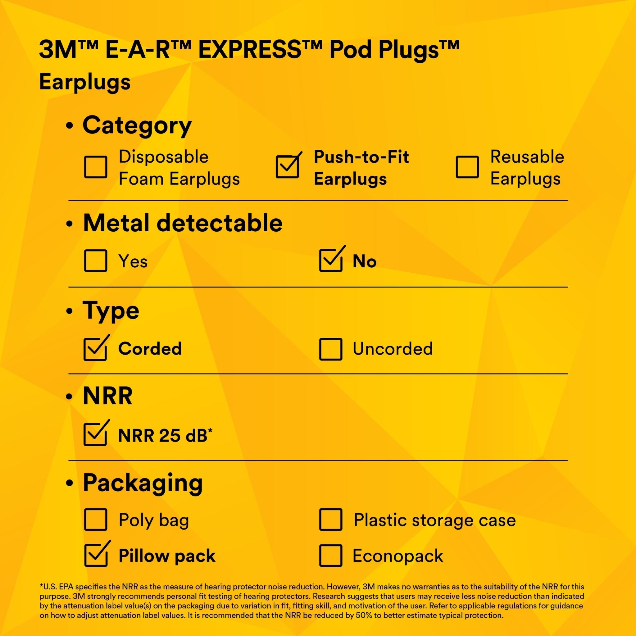 3M™ E-A-R™ EXPRESS™ Pod Plugs™ Earplugs 311-1114, Corded, Blue Grips, Pillow Pack