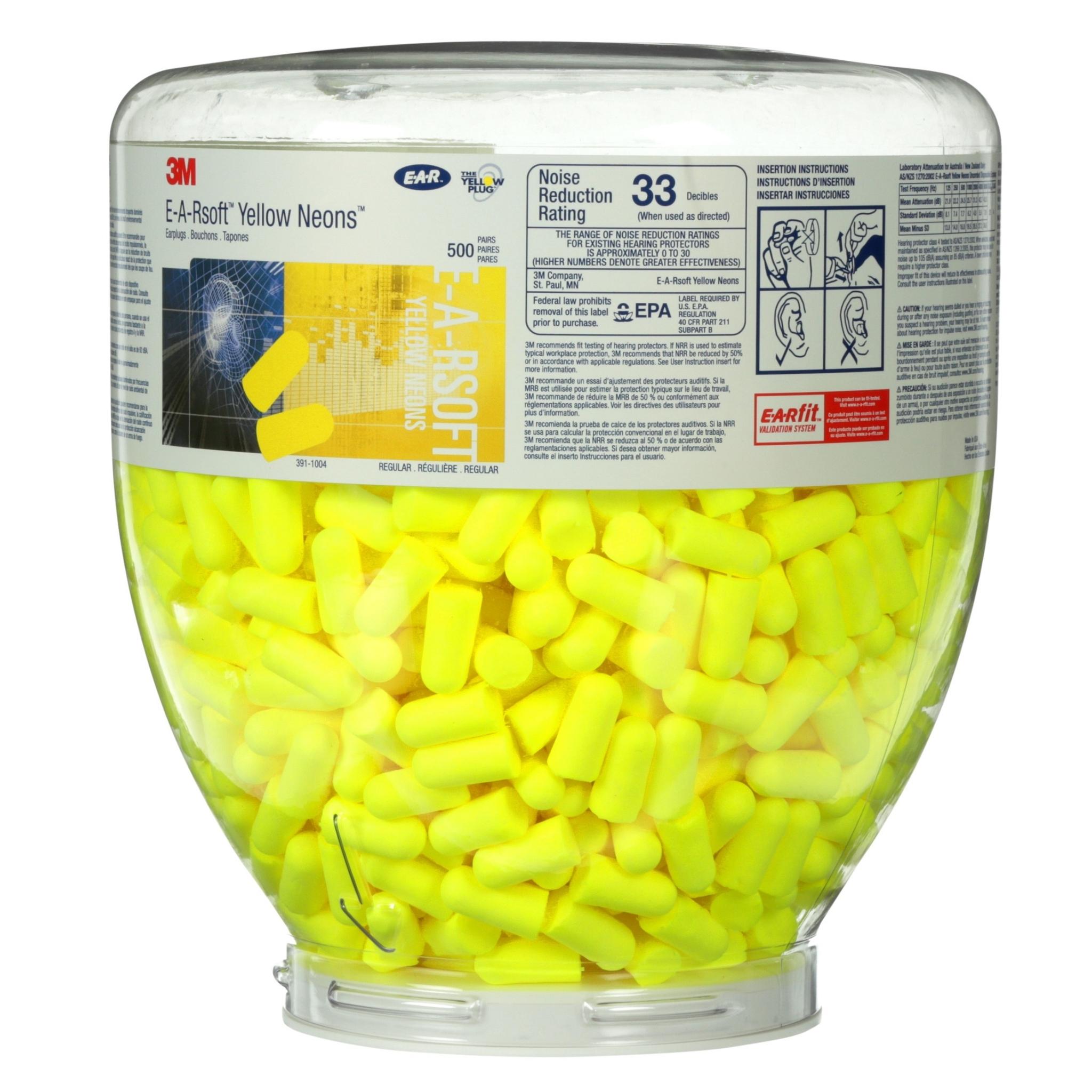 3M™ E-A-Rsoft™ Yellow Neons™ 500 Pair, One Touch™ Refill Earplugs 391-1004, Uncorded, Regular Size