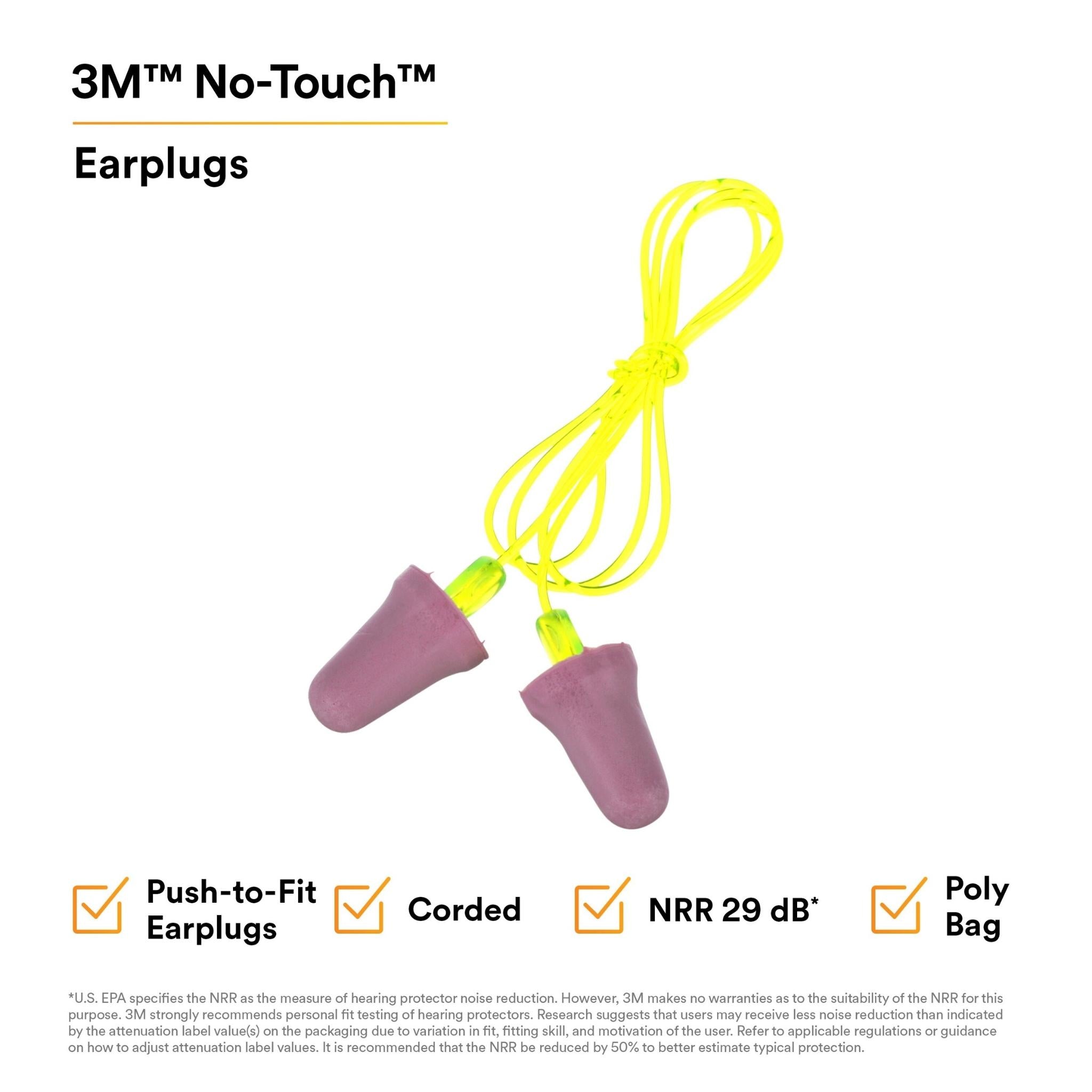 3M™ No-Touch™ Push-to-Fit Earplugs P2001, Corded 100 PAIR